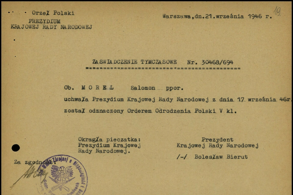 Dokument potwierdzający nadanie orderu Salomonowi Morelowi przez Bolesława Bieruta