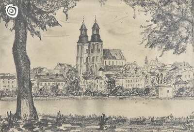 "Panorama Gniezna z katedrą", nieokreślony rysownik o inicjałach J. J., Gniezno, XIX-XX w.