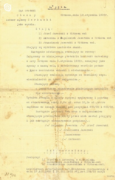 Dokument - Akt darowizny, Witkowo, 1932 r.