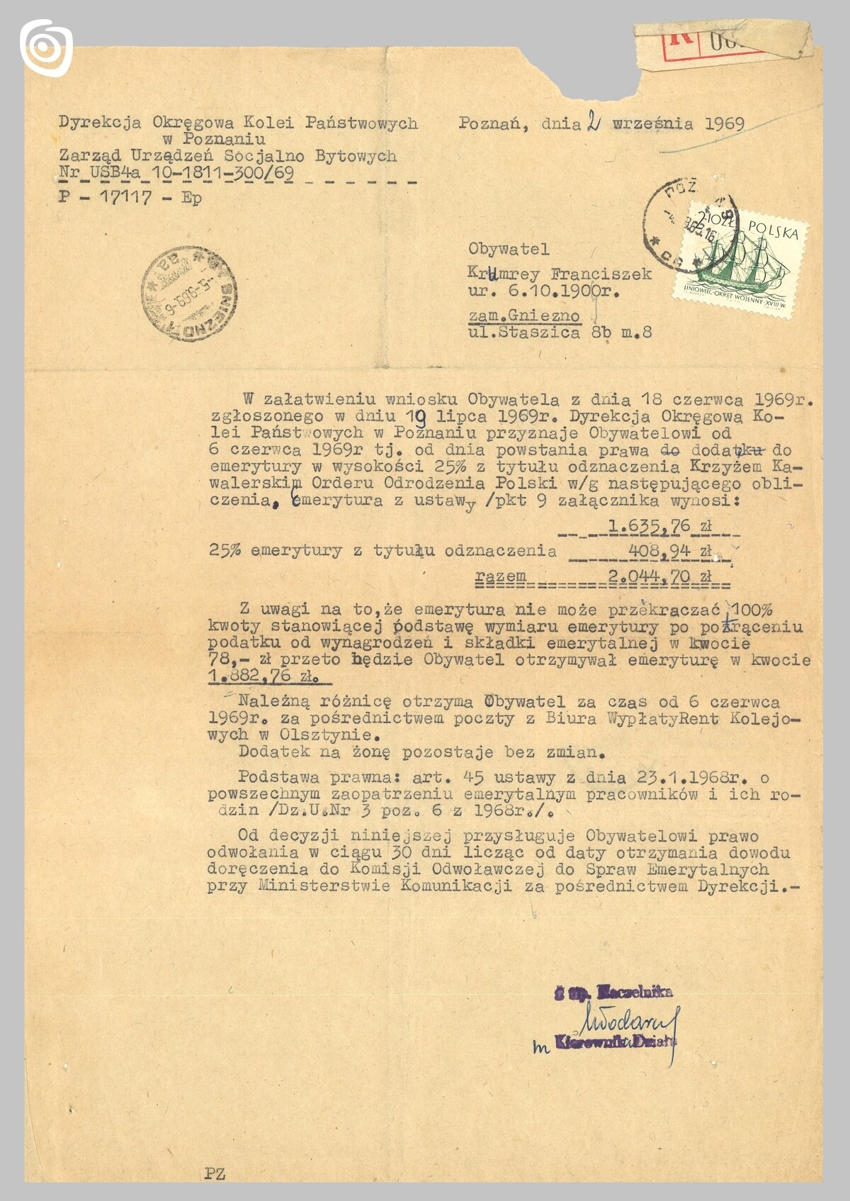 Dokument - Pismo, Gniezno, 1969 r.