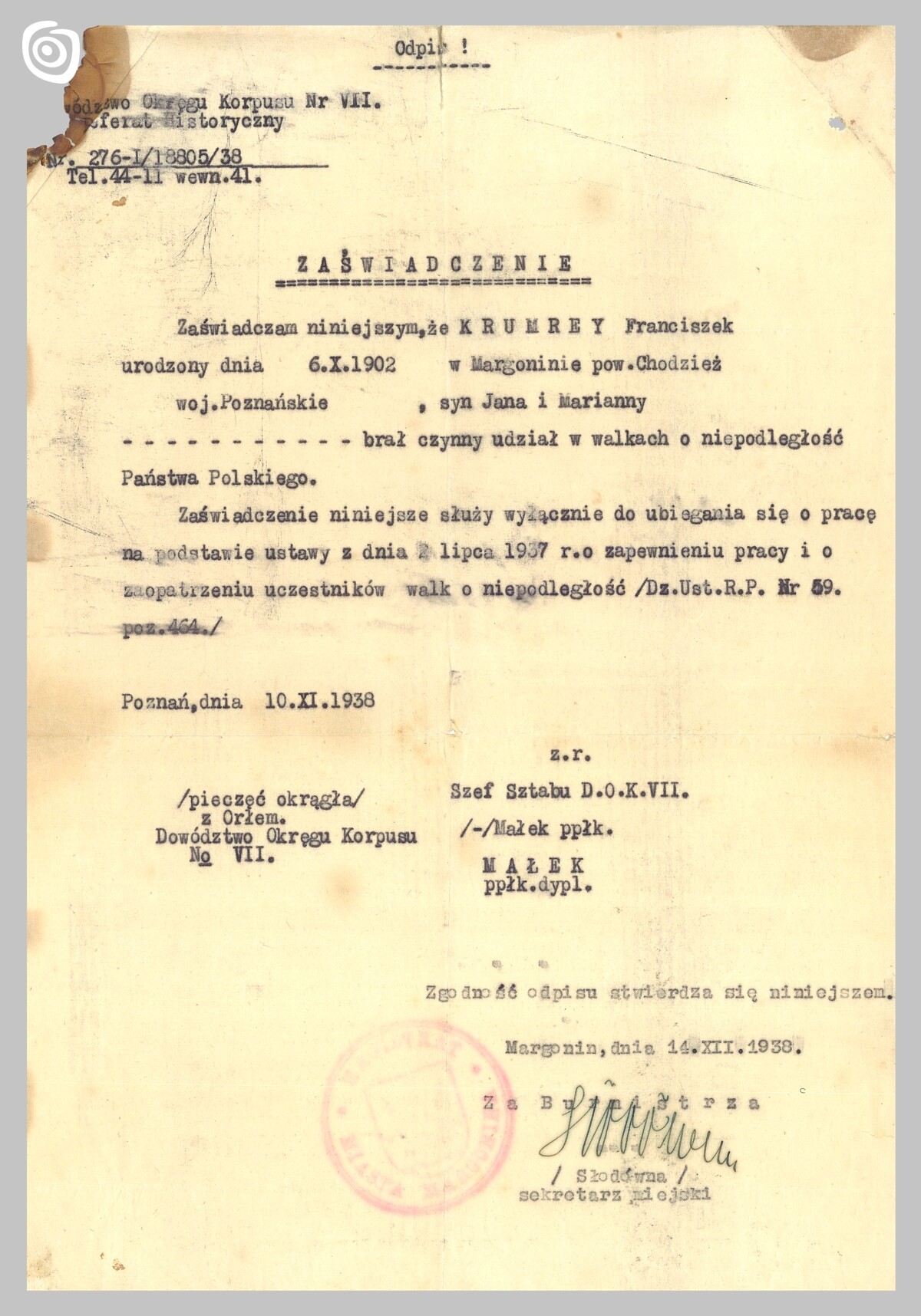 Dokument - Odpis, Poznań, 1938 r.