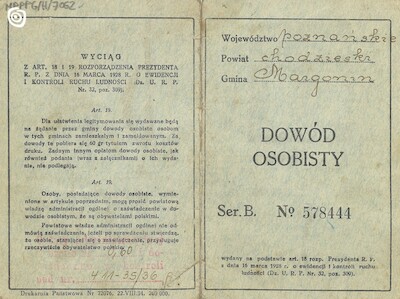 Dokument - Dowód osobisty, Margonin, 1935 r.